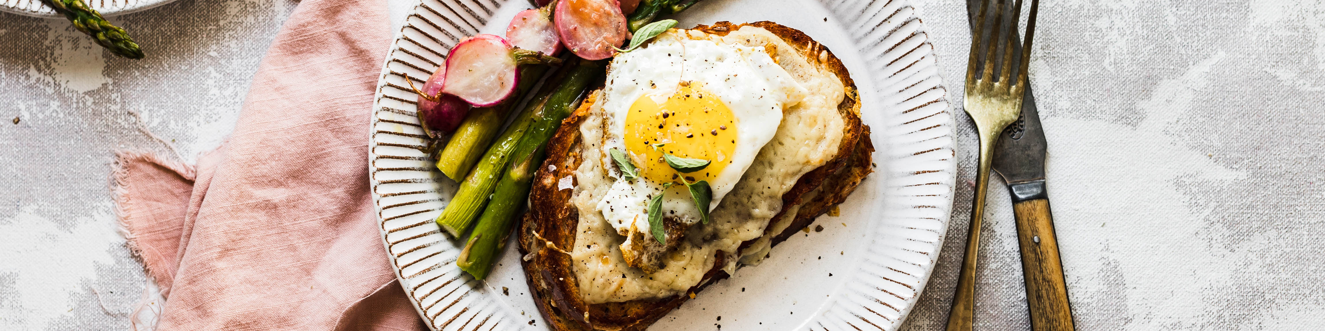 Croque Madame with Asparagus & Miso Butter Radishes